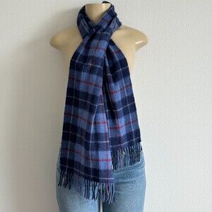 Louisa Perini Blue Red Plaid 100% Cashmere Soft Cozy Scarf Fringe Long 58"x12"